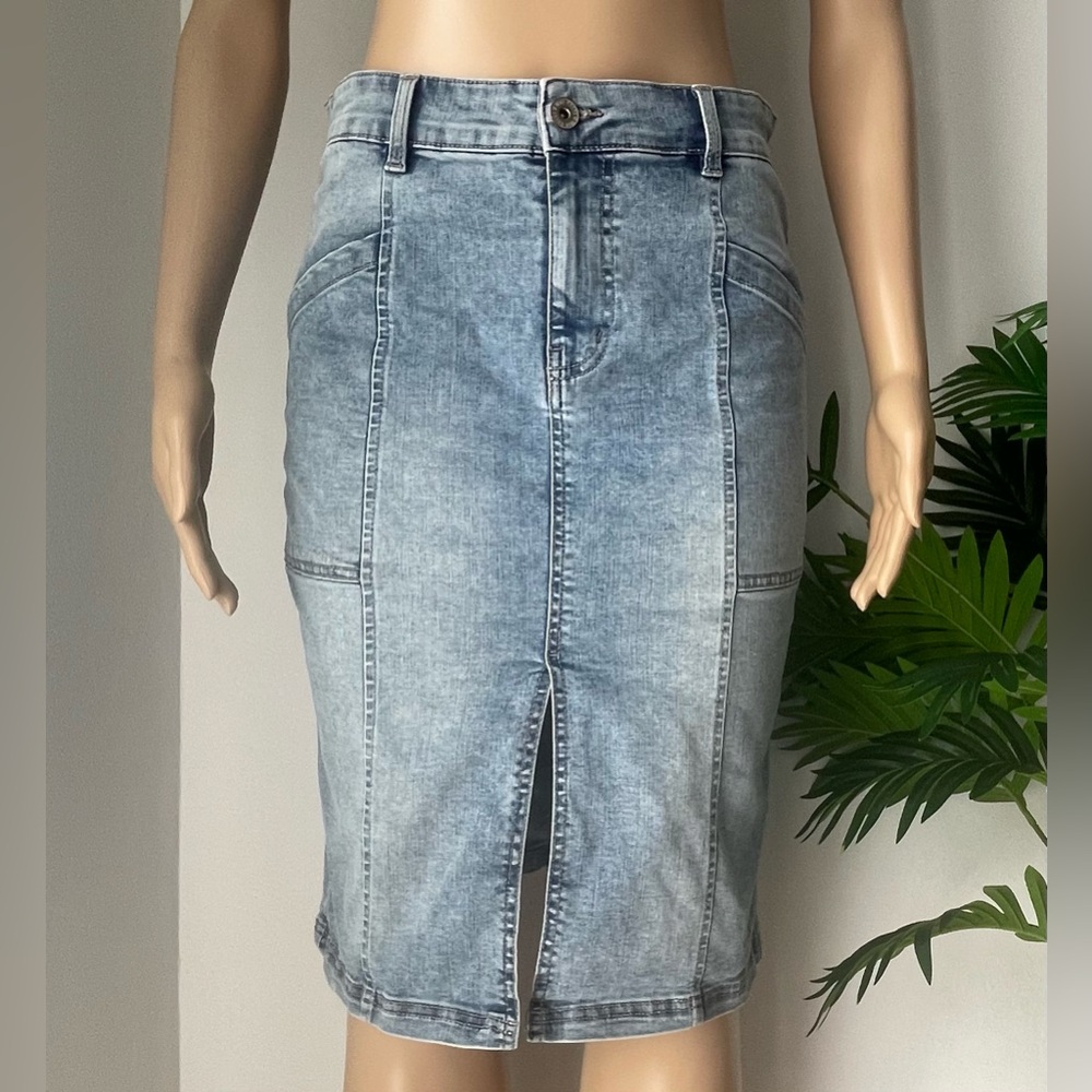 Weekenders Faded Light Blue Denim Pencil Skirt with Front Slit